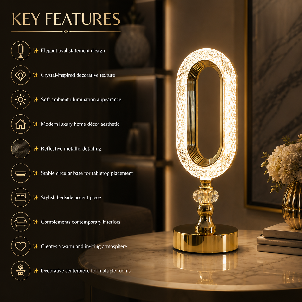 Luxury Crystal Oval LED Table Lamp for Modern Bedroom & Living Room